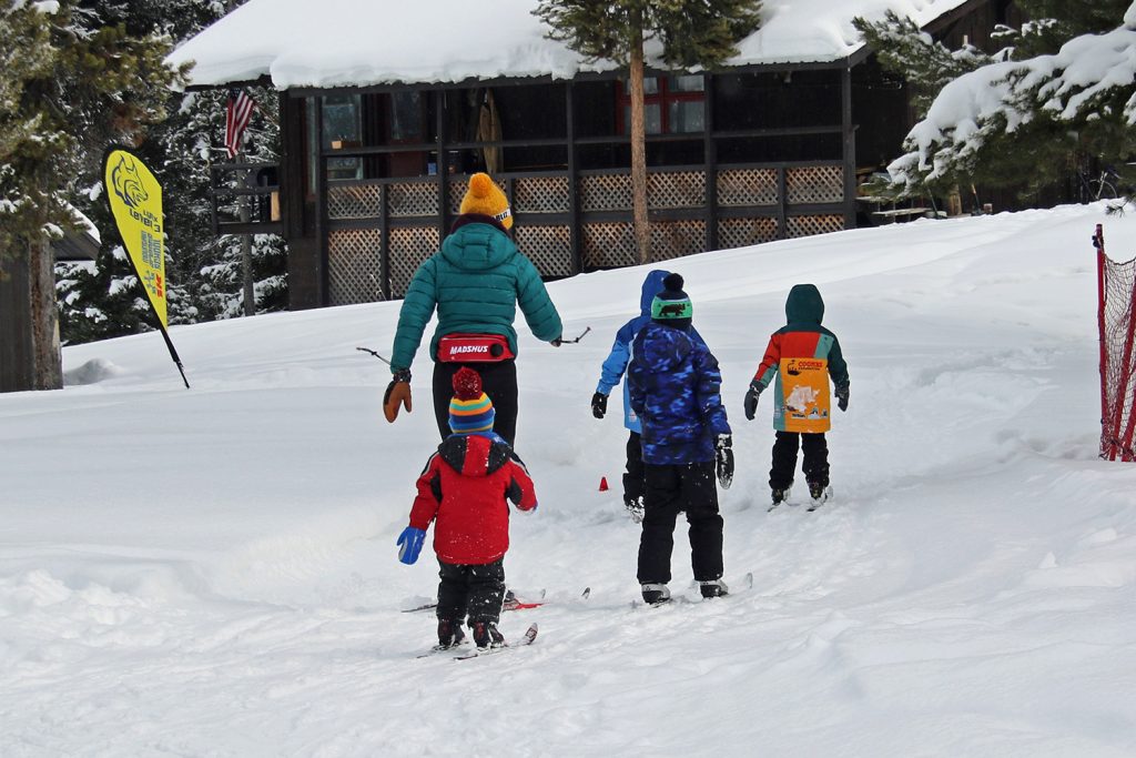 An adult and four young children out for a nordic ski adventure