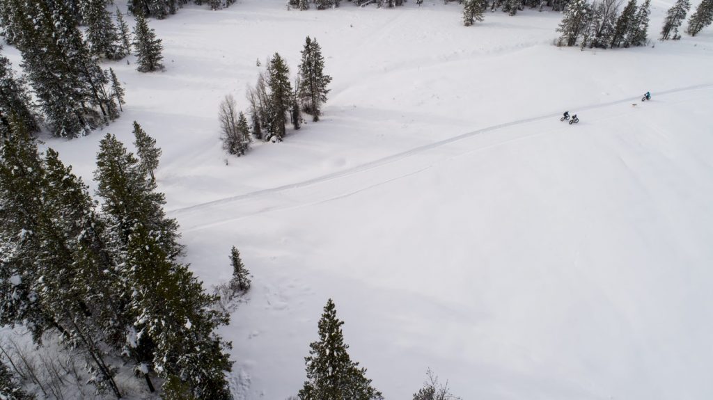 An aerial image of groomed nordic trails in the national forest